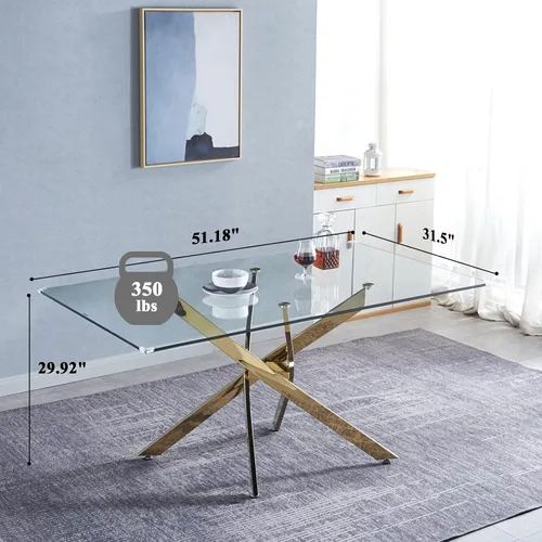 Vista 6 de Juego de mesa de comedor de cristal para 4, moderno juego de mesa de comedor de 51 pulgadas para 4, mesa de cristal dorada en forma de X con 4 Gris