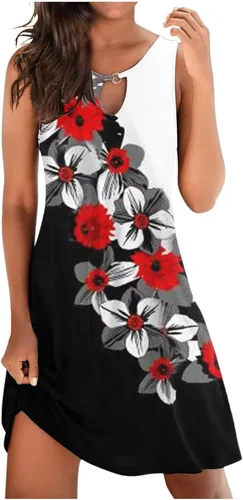 Vista 4 de HUMMHUANJ Summer Dresses 2023 Casual Dresses for Women Bohemian Floral Print Beach Cover up Crew Neck Sundresses