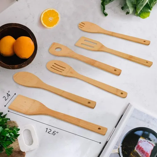Vista 6 de Utensilios de cocina de bambú, 6 piezas de espátula antiadherente con asas, juego de espátulas resistentes al calor, utensilios de cocina