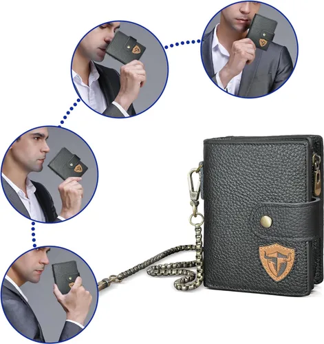 Vista 6 de Genuino caballo loco cuero viaje regalo moneda bolsillo tarjeta caso largo organizador cadena Rfid monedero con broche para hombres hombres 1803