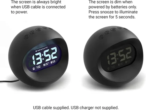 Vista 7 de NEWGATE® Reloj despertador Centre of The Earth Reloj LCD digital retro redondo Negro Ideal para mesita de noche, escritorio o estante