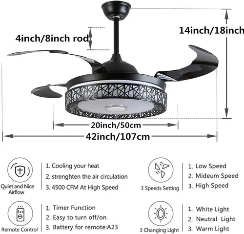Vista 3 de Fandian Ventilador de techo inteligente moderno de 42 pulgadas con luces, altavoz Bluetooth, accesorios de iluminación, control remoto, cuchillas