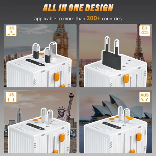 Vista 3 de Adaptador de viaje universal Adaptador de corriente internacional con 4 puertos USB-C y 1 USB-A