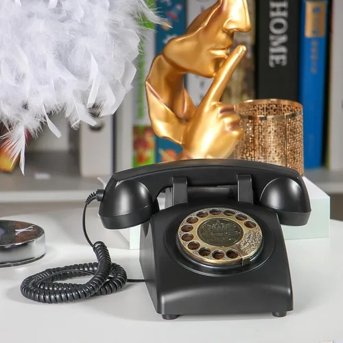 Vista 5 de Teléfono retro rotativo, antiguo teléfono fijo con cable antiguo de los años 50, teléfono de pared clásico de escritorio para decoración de oficina
