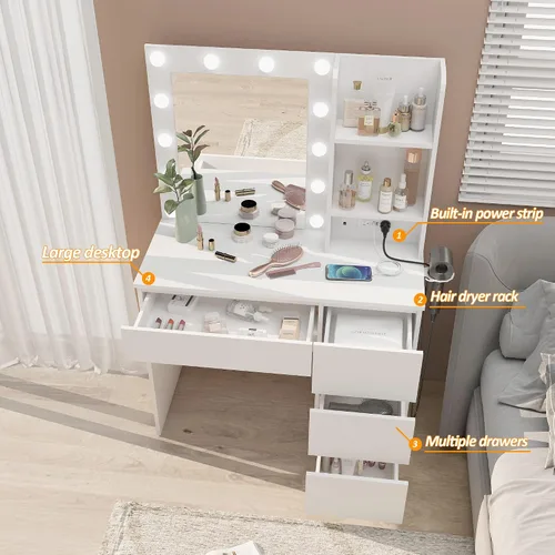 Vista 3 de Vabches Tocador de maquillaje con luces, escritorio de tocador de 37 pulgadas con tira de corriente, mesa de maquillaje de 4 cajones con espejo