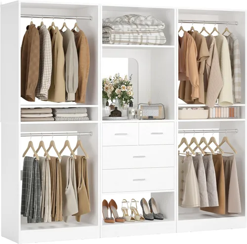 Vista 9 de Unikito Sistema de Armario Walk-in de 75 Pulgadas con 4 Cajones, Organizador de Armario de 6.3 Pies con Barras Colgantes y Diseño de Espejo, Armario