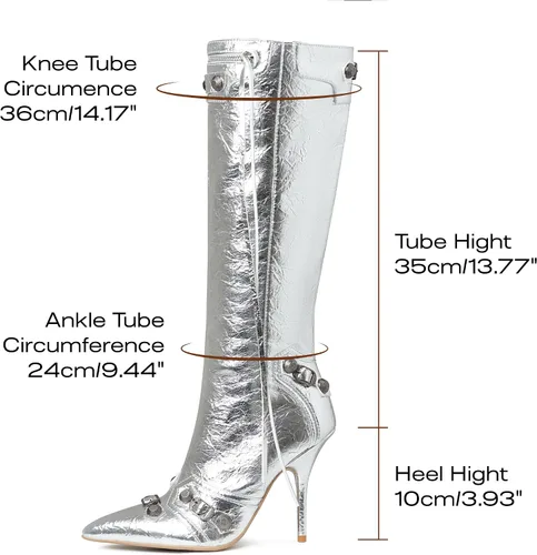Vista 4 de VOMIRA Botas altas hasta la rodilla sexy con remaches puntiagudos, borlas y tacones de aguja de tacón alto, moda para fiesta de moda