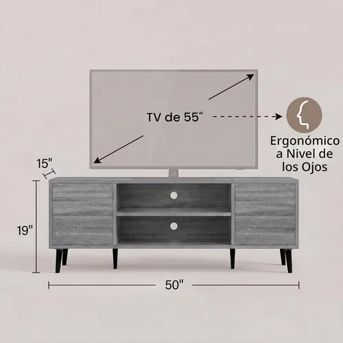 Vista 6 de JUMMICO Soporte de TV moderno Mid-Century con almacenamiento, 50 pulgadas Gris