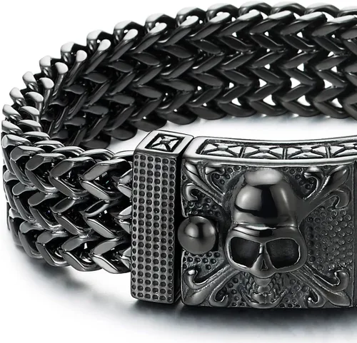 Vista 4 de COOLSTEELANDBEYOND Mens Large Stainless Steel Franco Link Curb Chain Bracelet with Pirate Skulls Clasp
