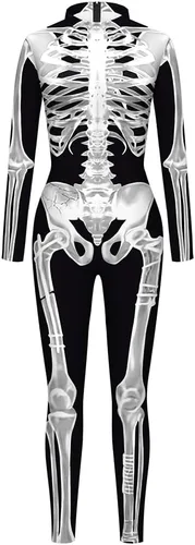 Vista 15 de Sister Amy Disfraz de esqueleto de calavera para mujer de Halloween, traje ajustado de una pieza J-colorido esqueleto