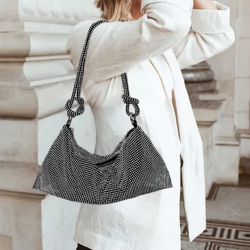Vista 4 de Bolso Hobo plateado con diamantes de imitación, bolso de noche negro brillante para mujer, fiesta de graduación, boda