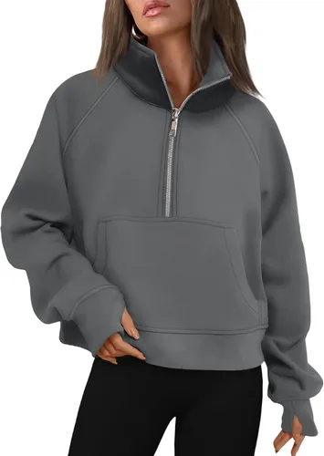 Vista 45 de AUTOMET Sudaderas con media cremallera para mujer, sudadera corta de vellón con cremallera de un cuarto, sudaderas con capucha para el otoño, a