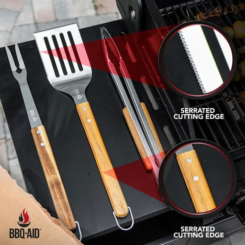 Vista 2 de Juego de 3 accesorios para barbacoa – Pinzas para barbacoa – Juego de espátula y tenedor – Herramientas resistentes de acero inoxidable