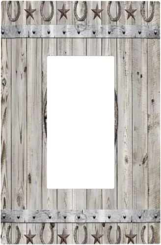 Vista 134 de Cubiertas de pared de estilo rústico occidental de madera puerta de granero herradura de hierro estrella placas de pared simple dúplex cubiertas