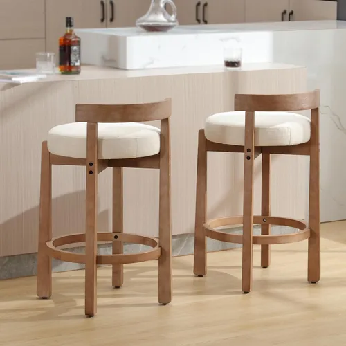 Vista 7 de DUOMAY Juego de 2 taburetes de bar modernos de 26 pulgadas de altura de mostrador, taburetes redondos de madera sin brazos, taburete de isla de Beige
