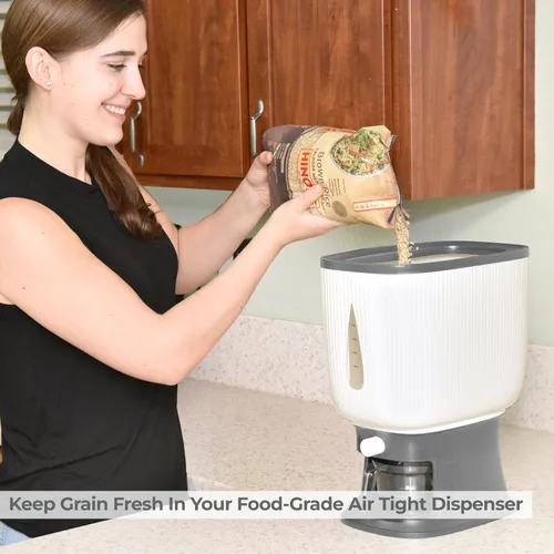 Vista 5 de Dispensador de arroz para encimeras, sella 20 libras de alimentos en tu dispensador pequeño, fuerte y ligero de arroz y cereales, cepillo y taza Gris