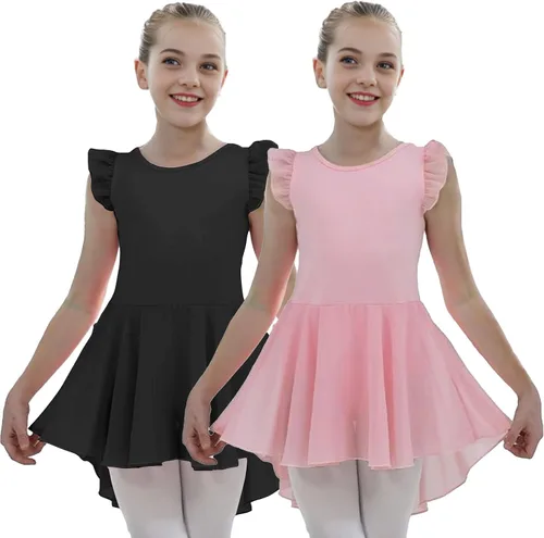 Vista 32 de iLover Vestido de leotardo clásico con tutú y mangas con volantes para niñas, para danza, gimnasia y ballet Negro