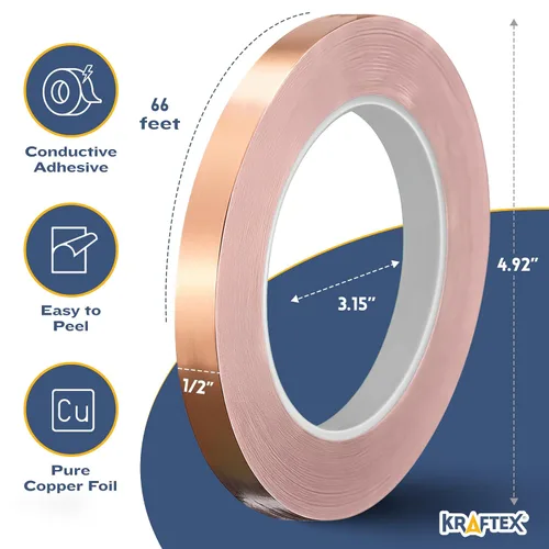 Vista 2 de Kraftex Cinta de cobre de 1/2 pulgada x 66 pies. Cinta de lámina de cobre para soldadura de vitrales con adhesivo conductor. Gran blindaje