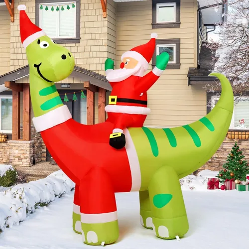 Vista 4 de COMIN Decoraciones Inflables de Navidad de 6 pies para Exteriores, Papá Noel Inflable Montando un Dinosaurio Inflable con LEDs Integrados