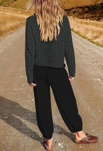 Vista 4 de Pink Queen Conjunto de 2 piezas de suéter de punto sin botones y pantalones de cintura alta para mujer 2023
