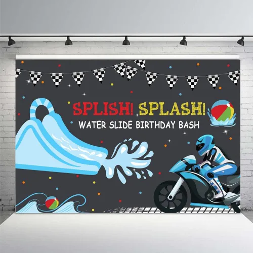 Vista 2 de MEHOFOND 7 x 5 pies para niños, tobogán acuático, telón de fondo para fiesta de cumpleaños, fiesta de piscina, motocross, bday, verano, natación