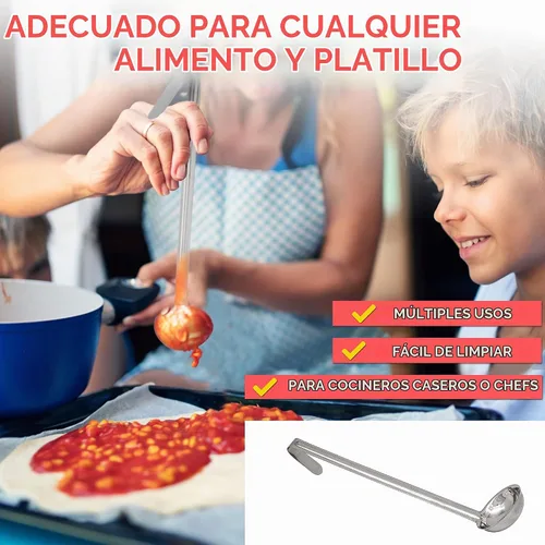 Vista 6 de Fit Meal Prep [Paquete de 2] Cucharón de sopa de acero inoxidable de 2 onzas, espátula de salsa de una pieza con asas de gancho, cuchara de servir