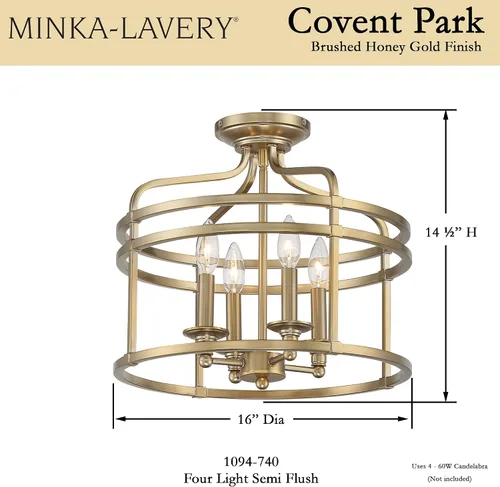 Vista 3 de Minka Lavery Covent Park 1094-740 semi-empotrado, 4 luces, 240 vatios totales, 16 pulgadas de alto x 14.5 pulgadas de ancho, oro miel cepillado