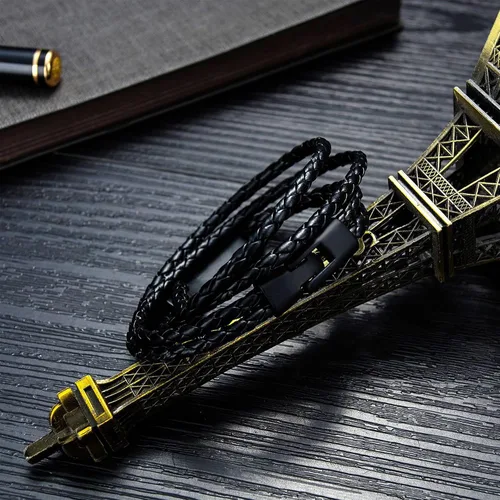 Vista 5 de GEAPRIE Pulsera de cuero personalizada con texto personalizado Pulsera de cuero PU para hombres de moda de tres capas, Cuero, Sin gemas.
