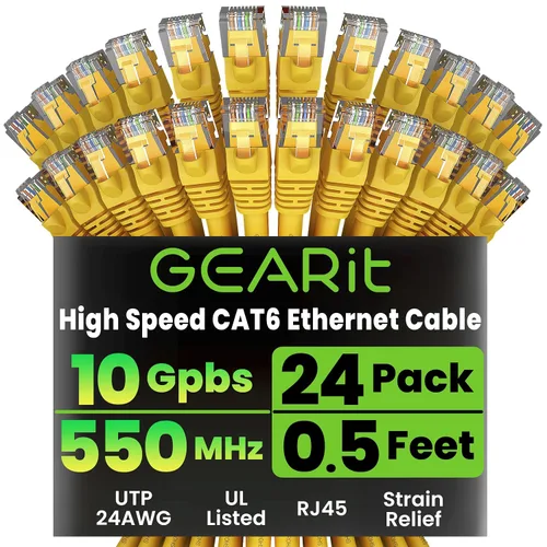 Vista 35 de GEARit Paquete de 24 cables Ethernet Cat6 de 0.5 pies Cable de conexión de red RJ45, conectores chapados en oro sin enganches de 10 Gbps, cable