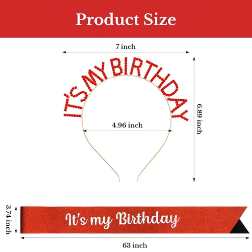 Vista 11 de It's My Birthday - Juego de bandas de princesa, diadema roja, tiara y accesorios para mujeres y niñas, fiesta feliz