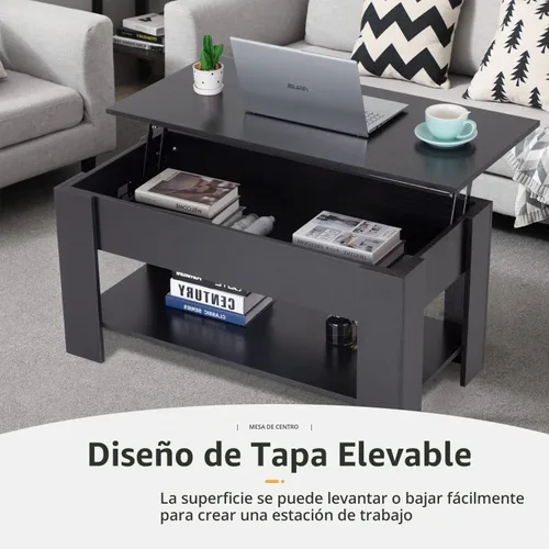 Vista 3 de Mesa de centro elevable, mesas modernas para sala de estar con compartimento oculto y estante de almacenamiento, mesas de centro de madera Negro