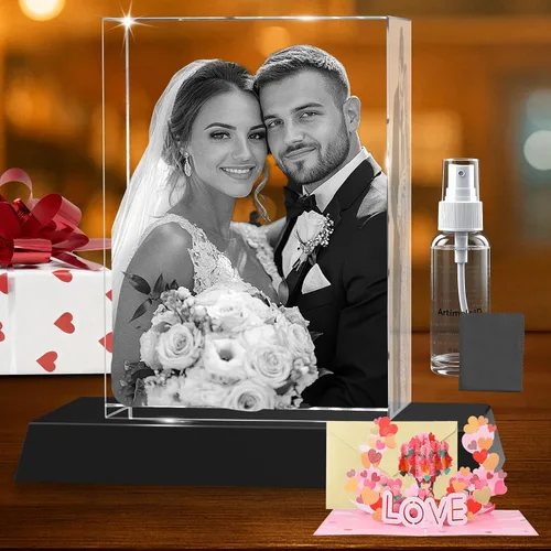 Vista 16 de Marco de Fotos Personalizado de Cristal 3D Rectangular Pequeño (Horizontal) – Premium: Base LED Multicolor, Envoltorio para Regalo y Tarjeta 3D