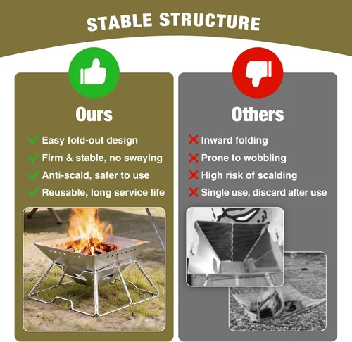 Vista 3 de Fogata portátil con parrilla para campamento, hoguera plegable de alta resistencia con parrilla de fogata y bolsa de transporte para exteriores