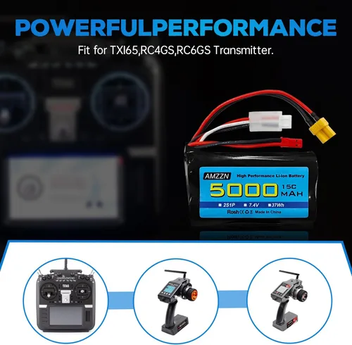 Vista 2 de Batería de iones de litio de 7.4V 5000mAh 2S con enchufe JST y enchufe XT30 con cable de carga USB para control remoto TX16S, TX18S, RC4GS, RC6GS