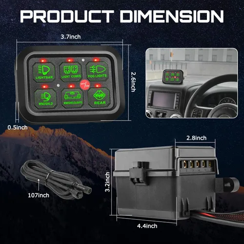 Vista 2 de OFFROADTOWN Panel de interruptores de 6 bandas, automático regulable y universal, sistema de relé de control de circuito con fusible, interruptor