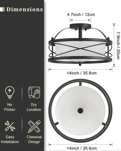 Vista 4 de Accesorios de luz de tambor para entrada, lámpara de techo rústica de montaje semiempotrado para pasillo, sala de estar, dormitorio, cocina (negro)