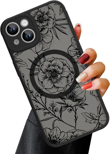 Vista 85 de OOK Funda magnética para iPhone 13 Pro Max [compatible con MagSafe] Funda delgada translúcida mate con flor silvestre negra, protección para lente