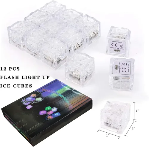 Vista 6 de ENUOLI Cubos de hielo iluminados para bebidas, 12 PCS Cubos de hielo de acrílico LED impermeables intermitentes multicolor brillantes reutilizables