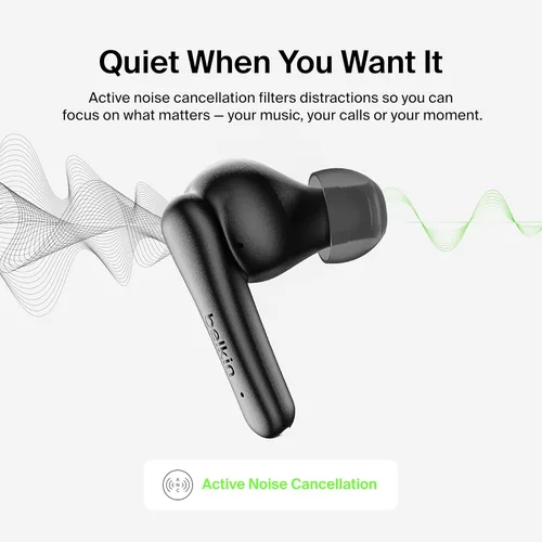 Vista 2 de Belkin SoundForm Rhythm ANC True - Auriculares inalámbricos con micrófono integrado, carga rápida USB C, duración de la batería de 28 horas