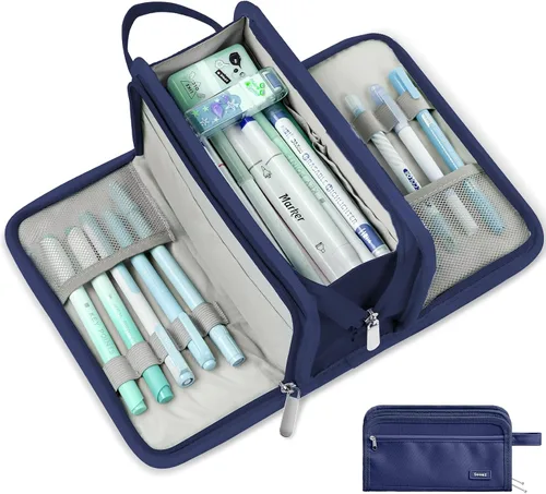 Vista 12 de Sooez Estuche grande para lápices, bolsa para lápices de gran capacidad con 3 compartimentos, organizador portátil de artículos de papelería de lona