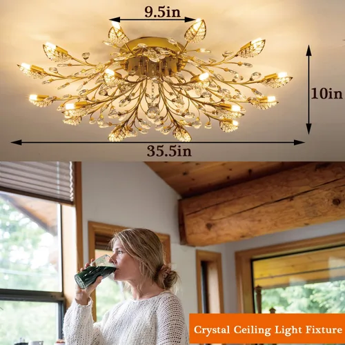 Vista 6 de Lámpara de techo de cristal, lámpara de flores, luces de techo semiempotradas de hojas doradas, accesorios de iluminación de cocina para dormitorio