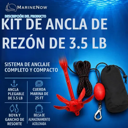 Vista 2 de MarineNow Kit de anclaje de grapnel de 3.5 lb – Anclaje plegable con cuerda de grado marino de 25 pies, boya, gancho a presión y bolsa