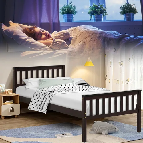 Vista 3 de NAFORT Base de cama de plataforma de madera individual con cabecero y estribo, base de cama de madera maciza y soporte de listones de madera fuerte