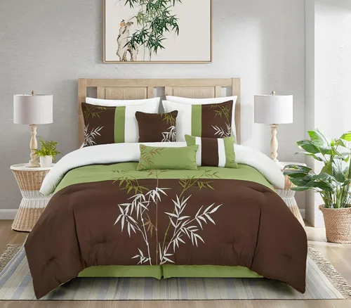 Vista 2 de Chezmoi Collection Bengal - Juego de edredón bordado de bambú de 7 piezas, tamaño matrimonial, ropa de cama de microfibra de hierba de bambú verde