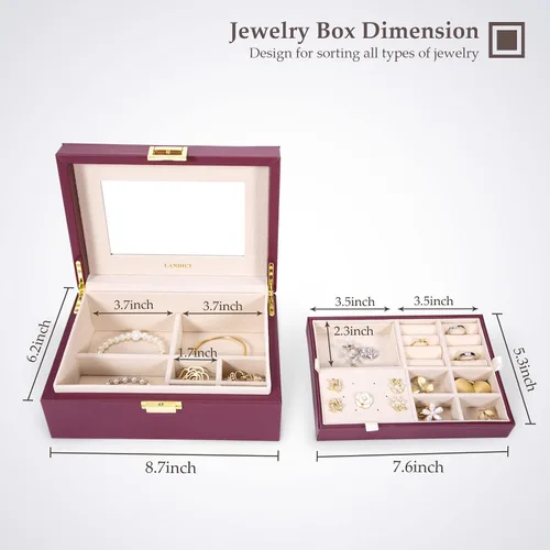 Vista 6 de LANDICI Joyero organizador para mujeres y adolescentes estuche grande de almacenamiento de joyas con espejo y bandeja extraíble de 2 capas soporte