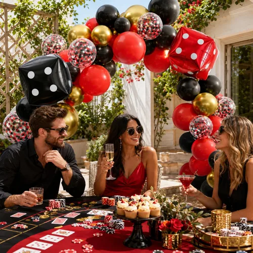Vista 8 de Globos de Casino, Globos Metálicos Negros Rojos Dorados de 12 Pulgadas con Confeti y Dados de Lámina para Decoración de Fiesta Temática de Juego
