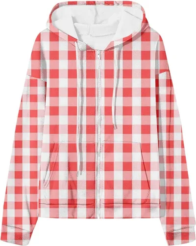 Vista 4 de oelaio Womens Full Zip Up T-shirt,Trendy PlaidStriped Print Hoodie Sweatshirt Jackets Oversized Drawstring Coat,Pockets