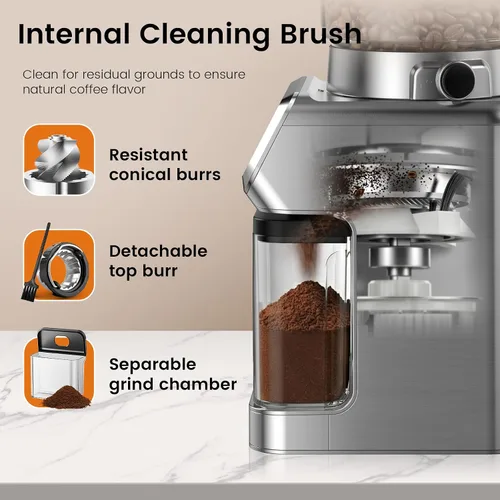 Vista 5 de Molinillo de café eléctrico, molinillo de granos de café Emojoy con 30 ajustes de molienda, molinillo de café con pantalla táctil para uso