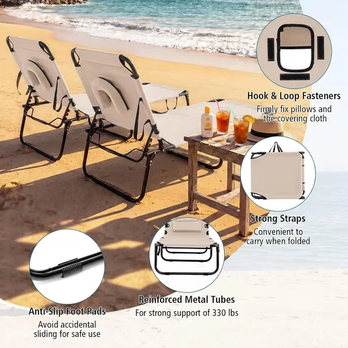 Vista 9 de Tangkula Sillón de playa, reclinable plegable para tomar el sol con agujero frontal, silla de bronceado boca abajo con respaldo ajustable de 4 Beige