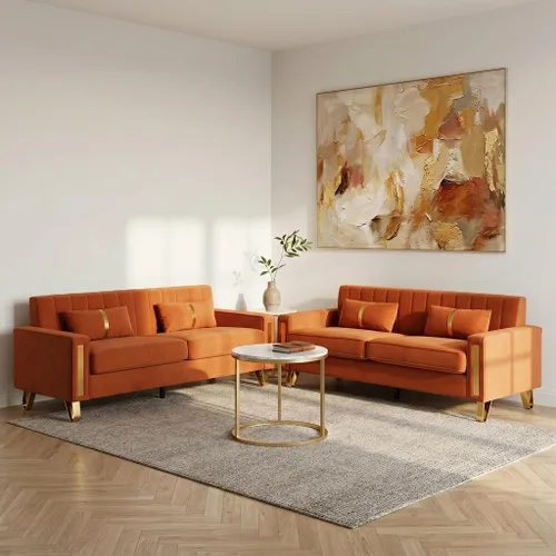 Vista 16 de Juego de sofá de 85 pulgadas, sofá de terciopelo con 2 almohadas y patas doradas, marco resistente de 750 libras, sofá moderno para dormitorio Negro